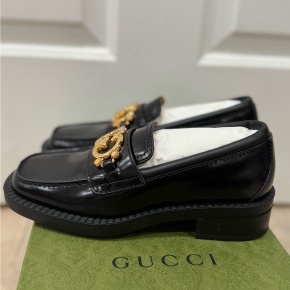 GUCCI Authentic Spice Lux Nappa Black Patent Gold Interlocking G Loafers US 4 34 main image 4